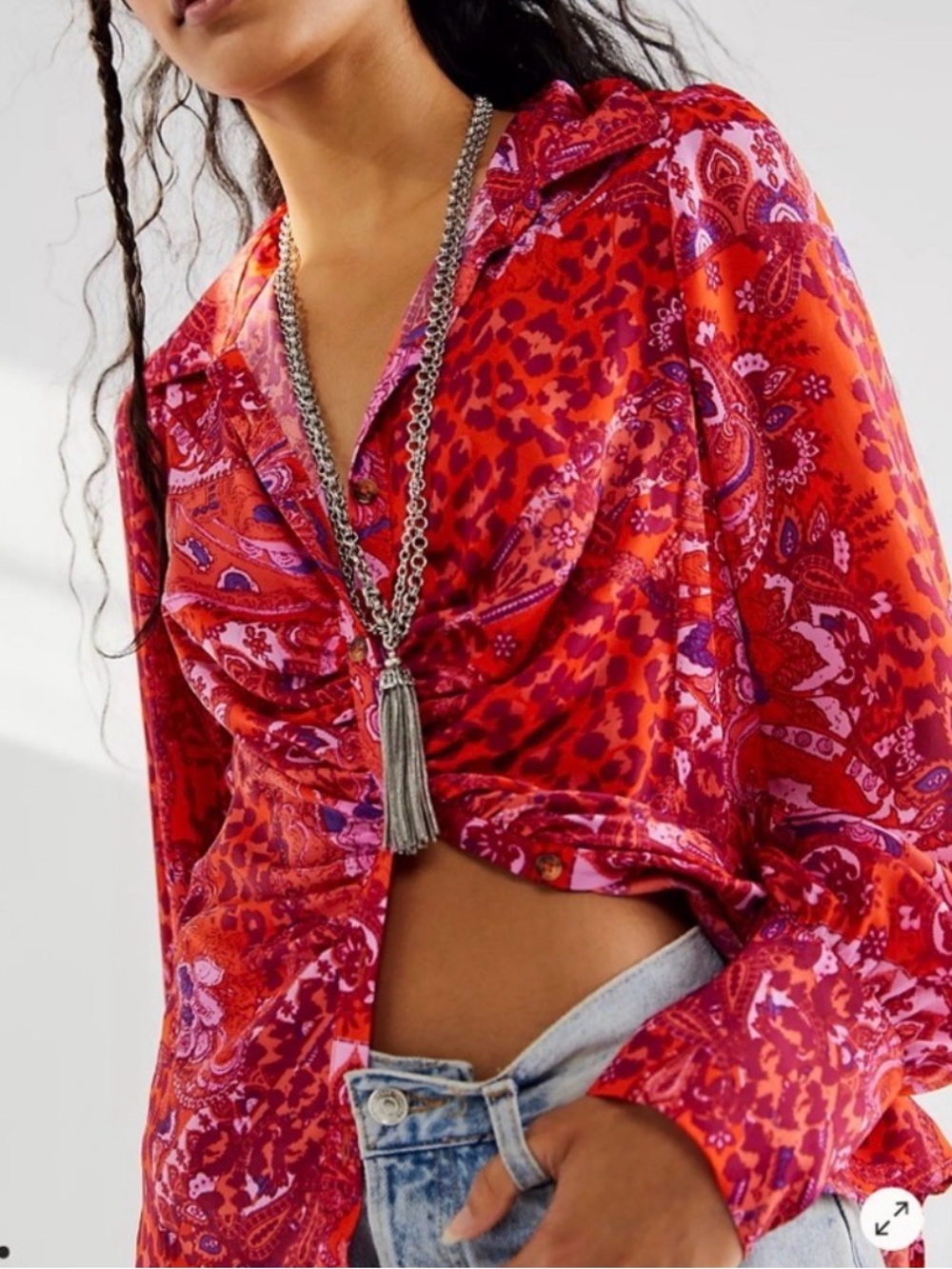 #878 FREE PEOPLE Red & Pink Paisley Button-Down Shirt HARD TO FIND!